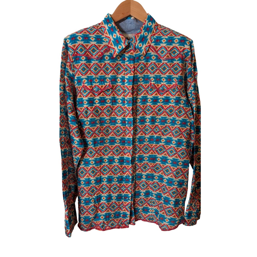 Tin Haul Womens XL Southwestern Geometric Snap Front Western Shirt Turquoise Red